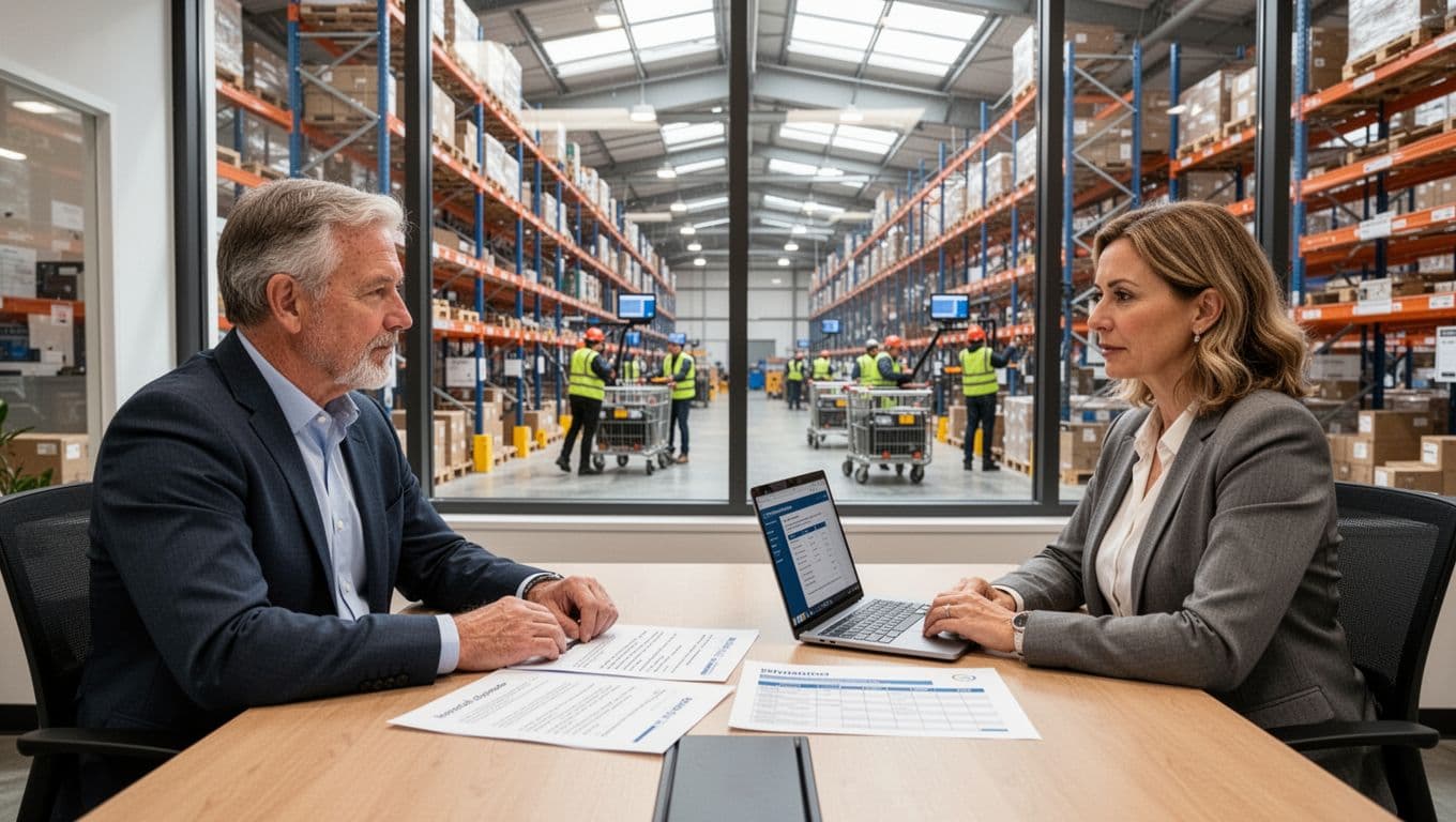 Photorealistic scene of a warehouse operations manager and WMS vendor representative seated at a conference table in a bright modern warehouse office, collaboratively reviewing a printed demo script and scorecard beside an open laptop, with a large window revealing the busy warehouse floor featuring tall shelves, pickers scanning, and moving carts under natural daylight.
