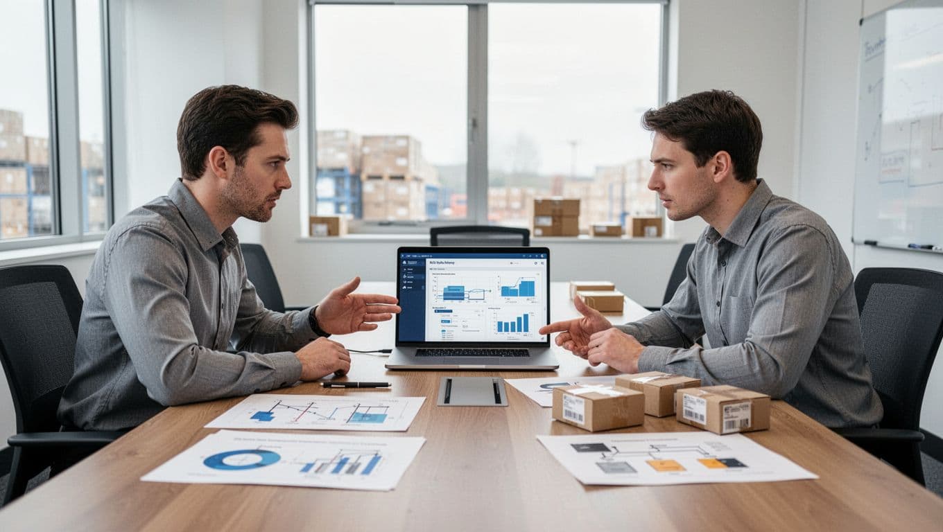 Photorealistic image of two warehouse managers in a modern conference room discussing WMS vendor demos on a shared laptop, with workflow charts and order samples on the table.