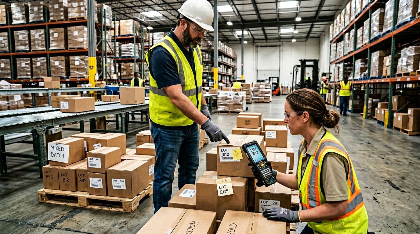 Photorealistic warehouse scene depicting a production line issue with mixed pallets of different product lots on the floor near a conveyor, where two workers—one scanning and one pointing—discover the mismatch during an inventory check, with segregated storage racks in the background under natural overhead lighting.
