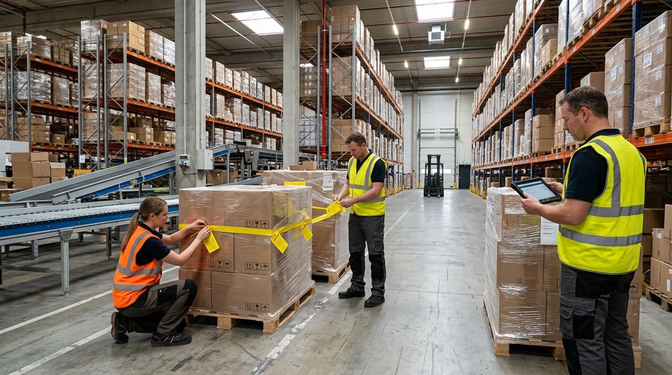 Photorealistic landscape of three warehouse workers in safety vests performing a mock recall drill, quarantining pallets with yellow tags, one using a tablet to trace inventory amid racks and conveyor.