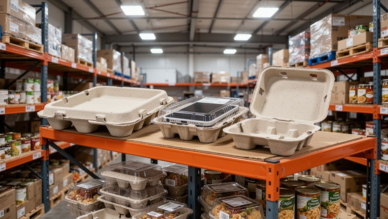 Photorealistic warehouse scene featuring molded fiber trays, clamshells, and protective inserts on shelves protecting fragile electronics and food products, with bright overhead lighting and clean composition.