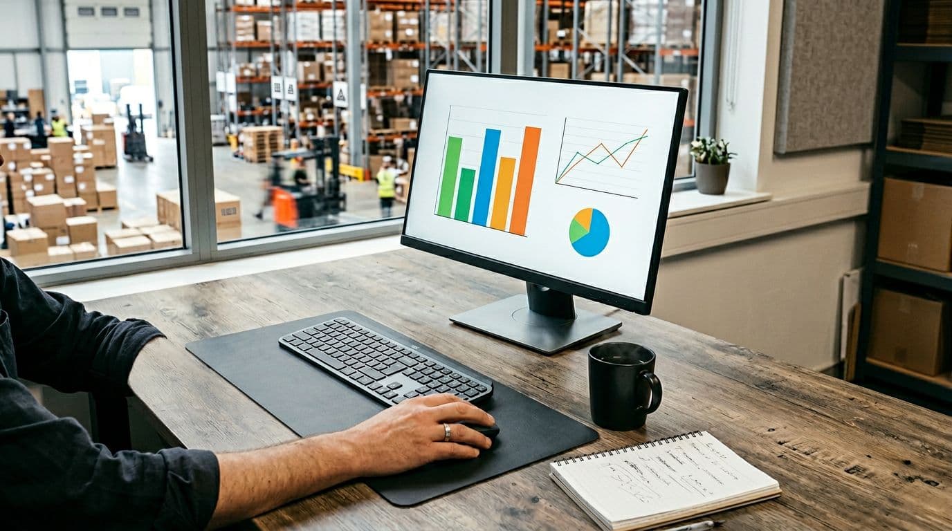 Photorealistic image of a modern warehouse office desk with a computer screen at a slight angle displaying simple charts for packaging metrics like time per order and error rates, one hand resting near the keyboard, coffee mug and notepad nearby, under natural window light.