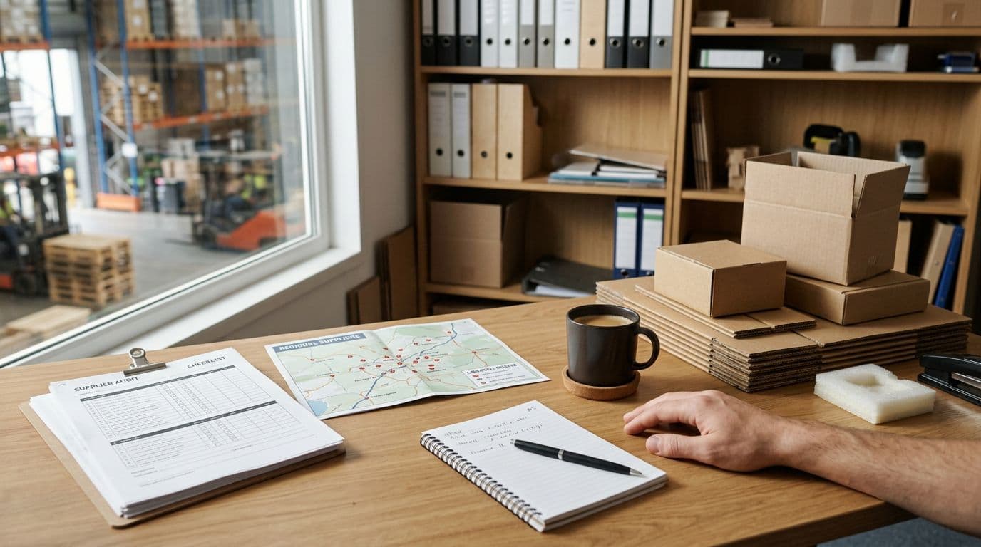 Photorealistic image of a warehouse office desk with printed supplier checklists, maps of local suppliers, neatly arranged cardboard box samples and inserts, a relaxed hand near a notepad and coffee mug under natural window light, and organized shelves in the background.