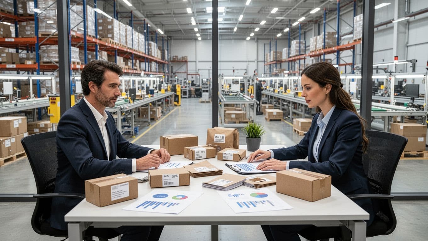 Photo-realistic scene of two business professionals in a modern warehouse office overlooking the production floor, seated at a table reviewing packaging samples, boxes, and charts with relaxed hands under bright window lighting.