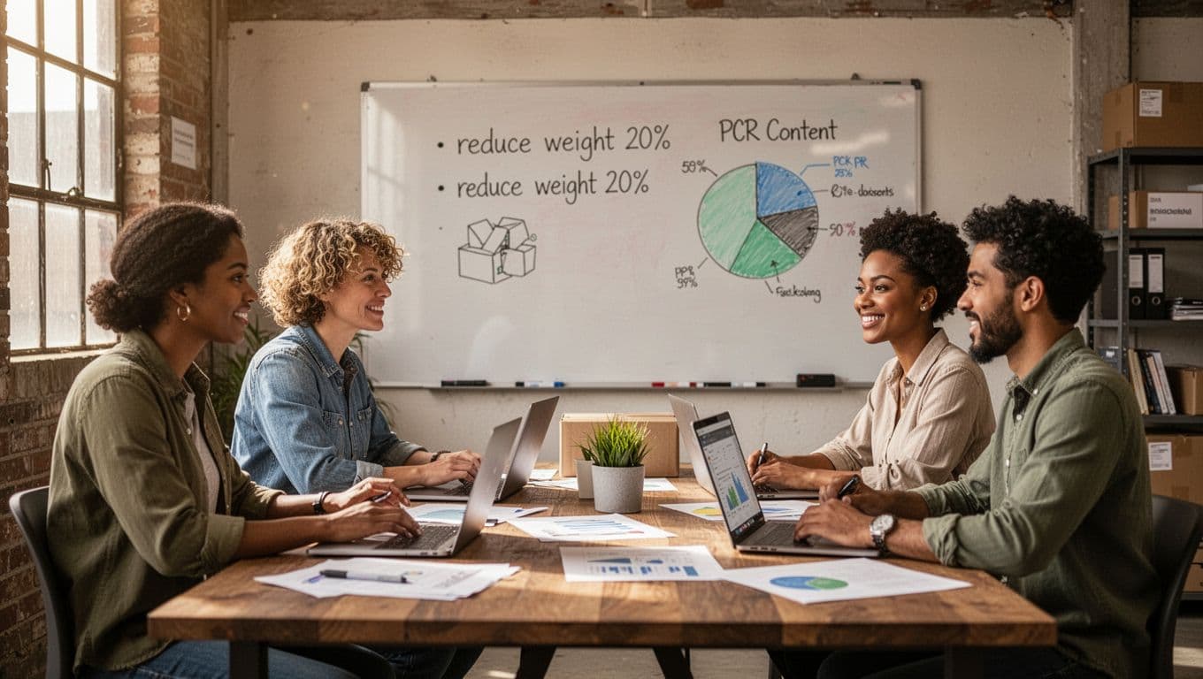 Photorealistic scene of exactly three diverse team members at a table in a small warehouse office, brainstorming sustainable packaging goals. Whiteboard behind shows bullet points like 'reduce weight 20%' and a pie chart for PCR content, with laptops and notes on table under warm natural lighting.