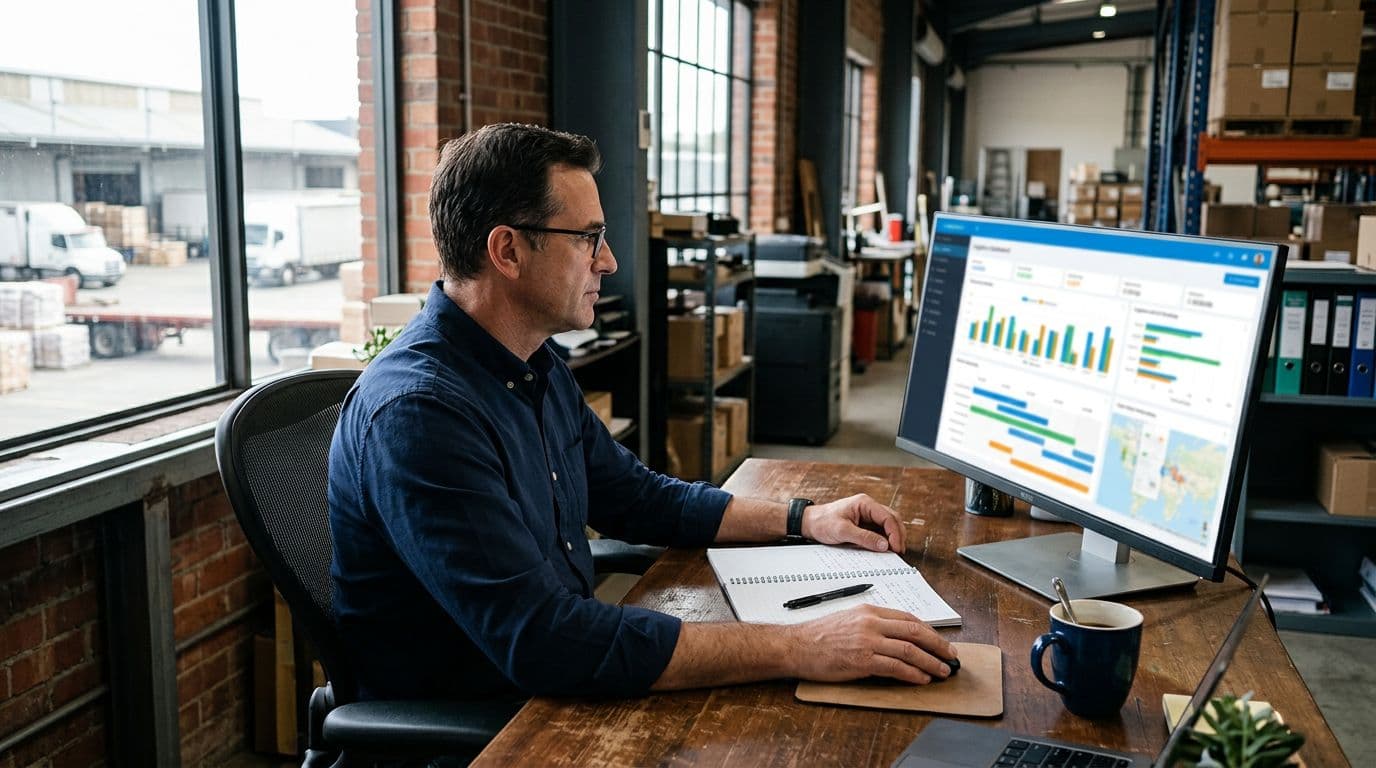 Photorealistic scene of one person at a desk in a warehouse office, viewing a blurred connected lot tracking software dashboard on a computer screen at an angle, with charts and timelines visible, coffee mug and notes nearby, natural window light.