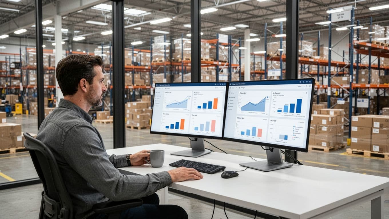 Photorealistic image of one warehouse operations manager at a desk in a glass-walled office overlooking a busy 3PL warehouse floor, with dual monitors showing inventory dashboards and a coffee mug in hand.