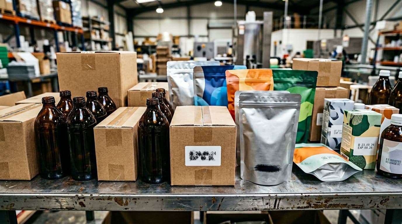 Photorealistic close-up of glass bottles, cardboard cartons, and flexible pouches on a warehouse production table, featuring printed batch code areas with good contrast and consistent placement near seams.
