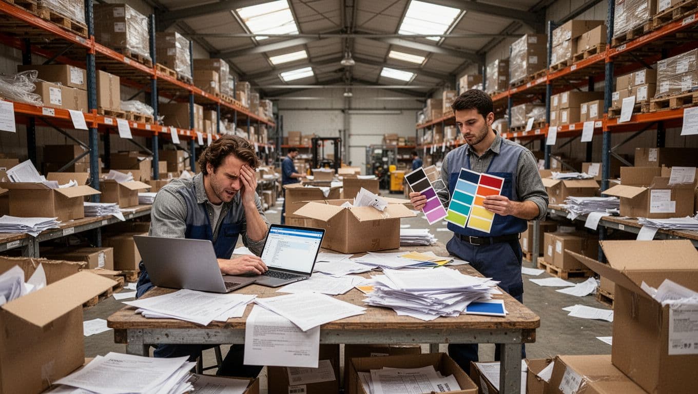 In a busy photorealistic warehouse, two workers navigate chaos with scattered paperwork and open boxes of packaging materials; one frustratedly checks emails on a laptop, the other holds mismatched color samples, under natural skylight lighting.