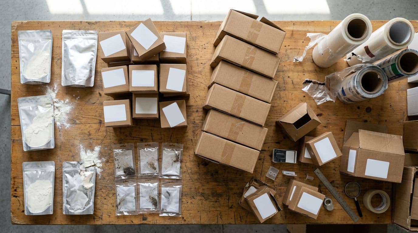 Top-down photorealistic view of a cluttered wooden table in natural daylight showing common packaging defects like leaky pouches with powder spills, mislabeled boxes, crooked cartons, contaminated packs with debris, and damaged film edges, no people or text.