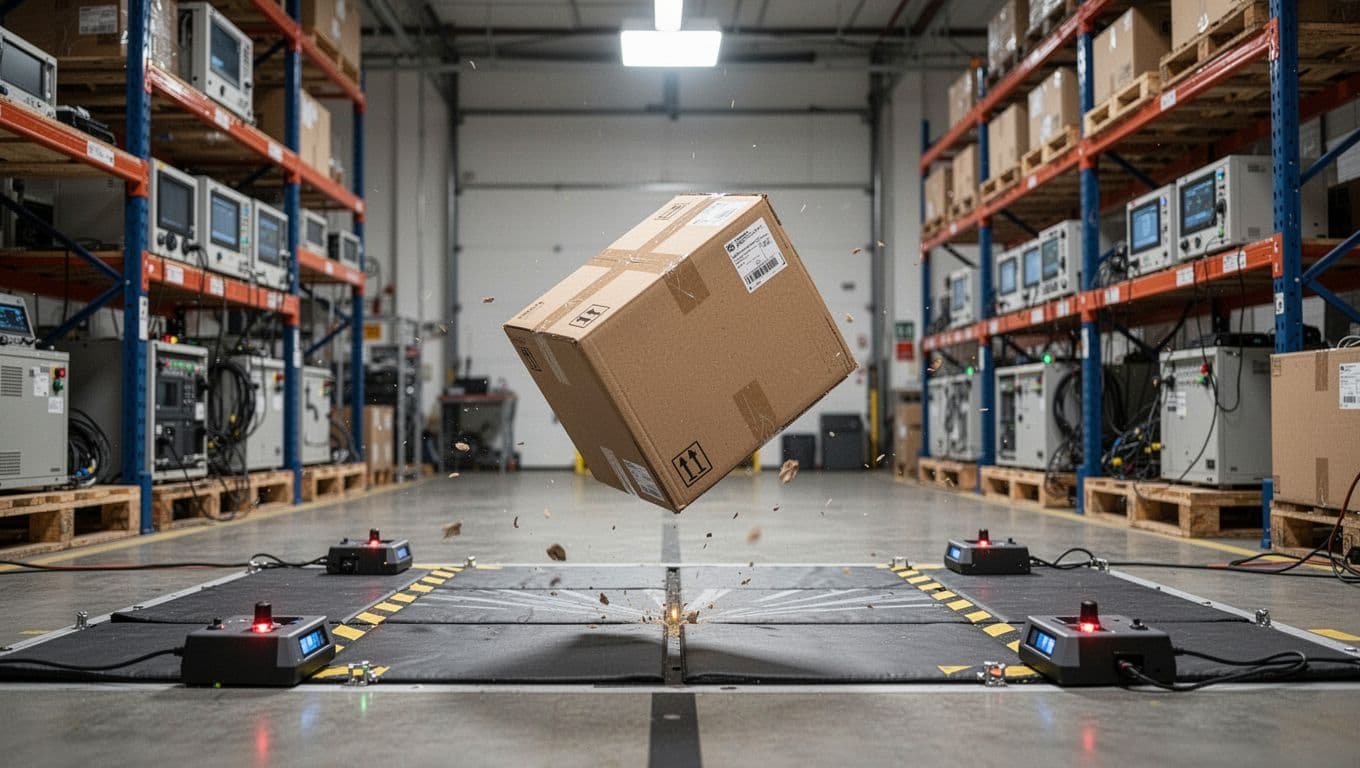 Photorealistic image of a cardboard box mid-fall onto a padded floor during a packaging drop test in a warehouse testing area, with nearby sensors and background equipment shelves under bright controlled lighting.