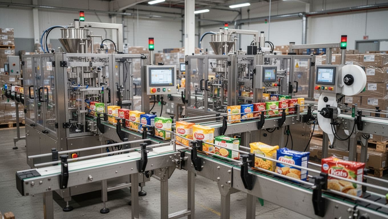 Medium shot of warehouse packaging equipment featuring fillers, cartoning machines, and labeling stations in operation with products flowing through conveyors, under soft industrial lighting, photorealistic high detail, landscape ratio, clean organized no people text or logos.