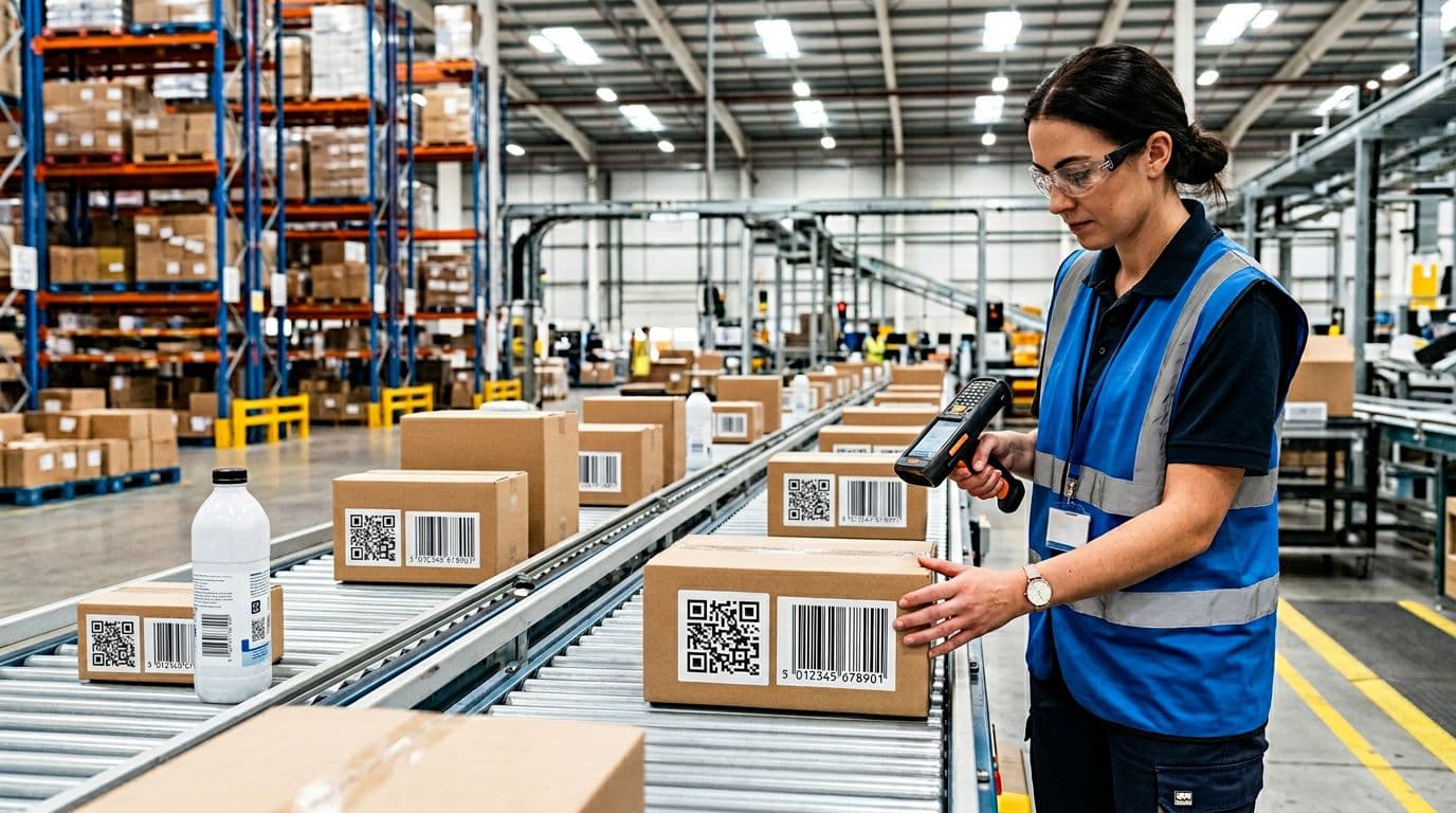 Photorealistic depiction of a warehouse packaging line with bottles and cartons displaying clear 2D QR codes alongside 1D barcodes, featuring one worker using a handheld scanner on a moving conveyor belt under bright industrial lighting, emphasizing barcode contrast and placement.