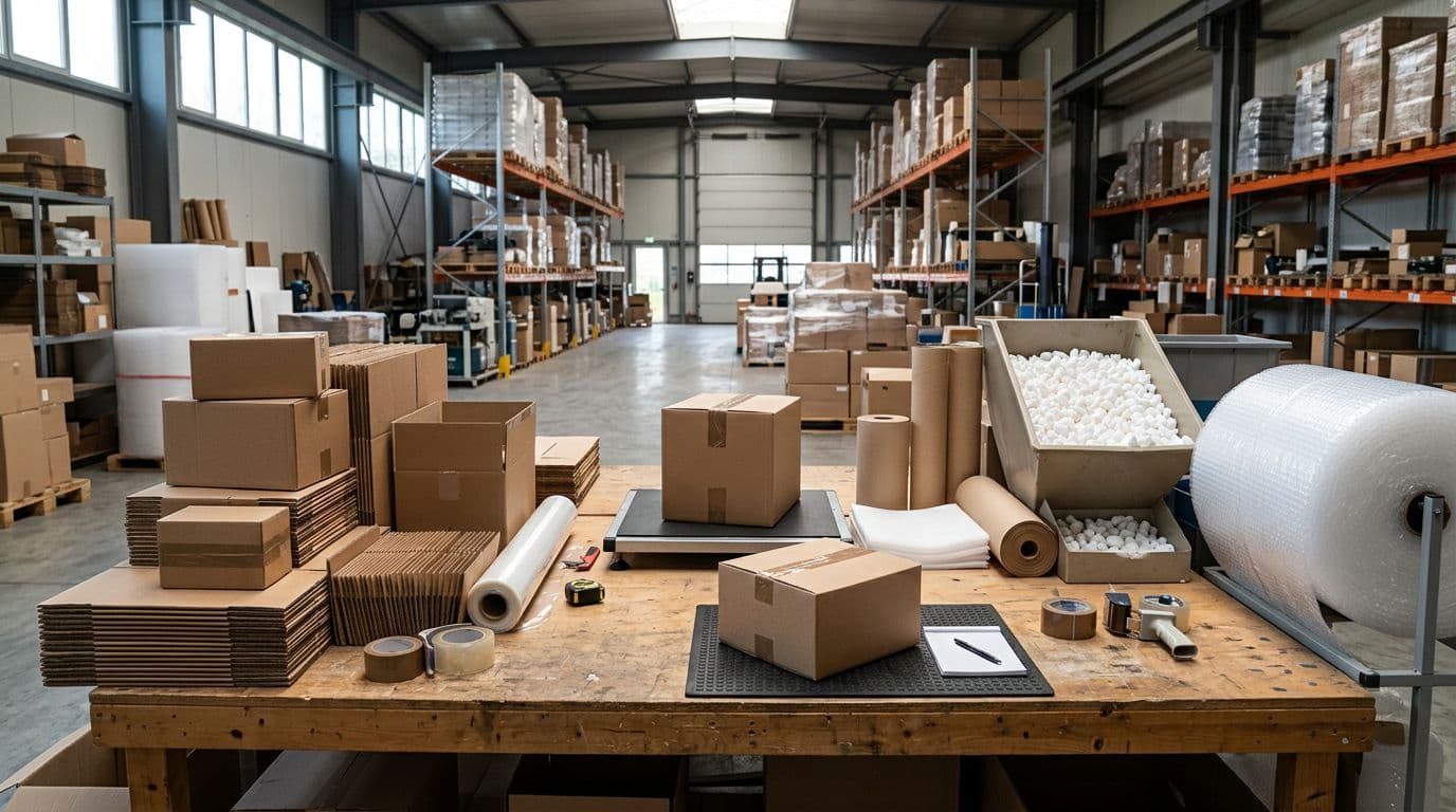 Photorealistic image of a warehouse packaging design area featuring various protective materials like corrugate boxes, void fill peanuts, bubble wrap, and seals, with right-sized boxes tested for drop protection in natural daylight, no people, empty composition.