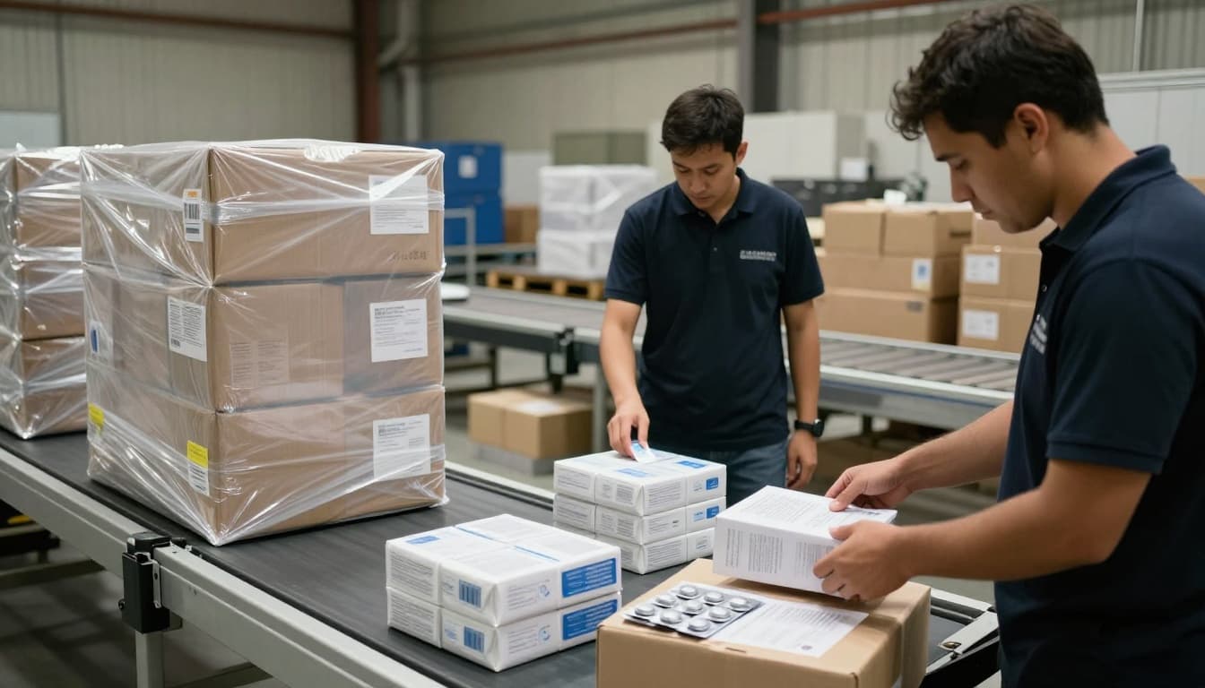 Warehouse scene showing essential packaging services: one worker shrink wrapping boxes on a conveyor, another labeling products and assembling kits with blister packs on a table nearby; organized industrial facility with soft overhead lighting in realistic photography style.