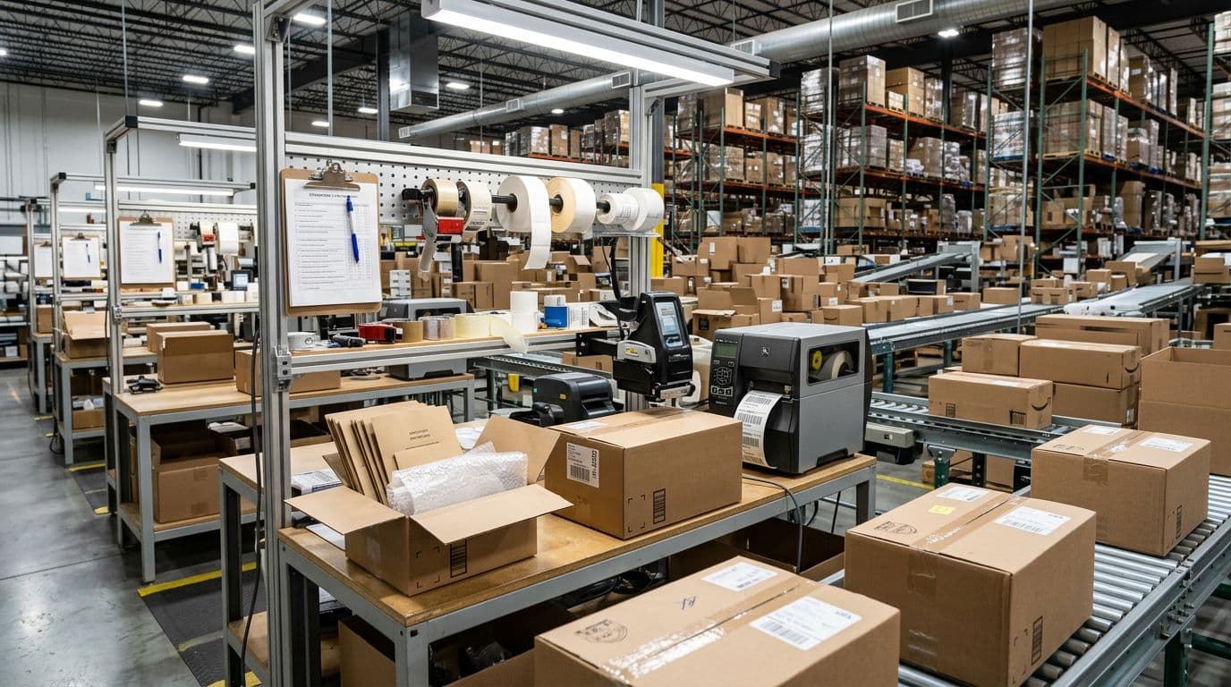 Photorealistic view of a brightly lit warehouse packing area with boxes being labeled using barcode printers and SKU labels, branded inserts added to packages, and organized stations featuring blurred compliance checklists. Focuses on equipment and efficient process without visible workers, text, or logos.