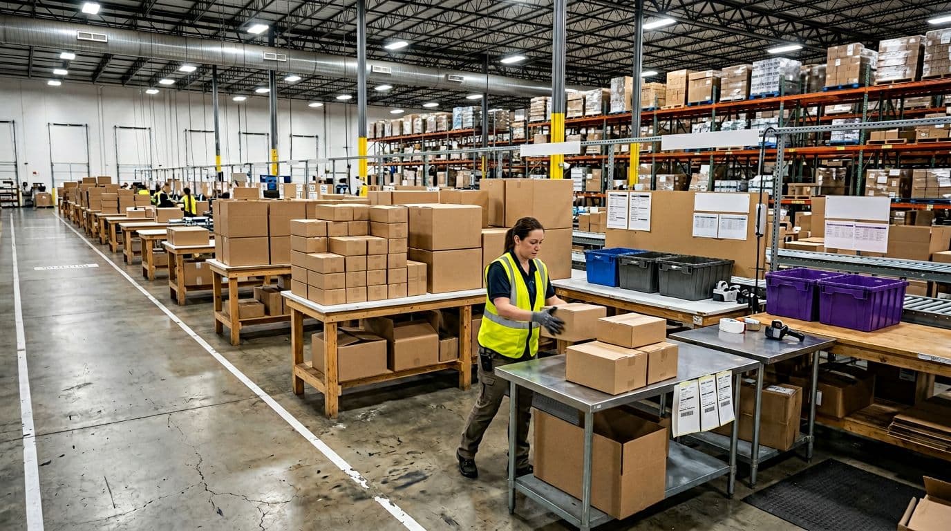Photorealistic view of an organized warehouse packing area with tables batching orders by box size (small, medium, large) and carrier (UPS, FedEx), including separate lanes for single/multi-item orders and exceptions, with one worker in a safety vest moving a small stack of boxes.