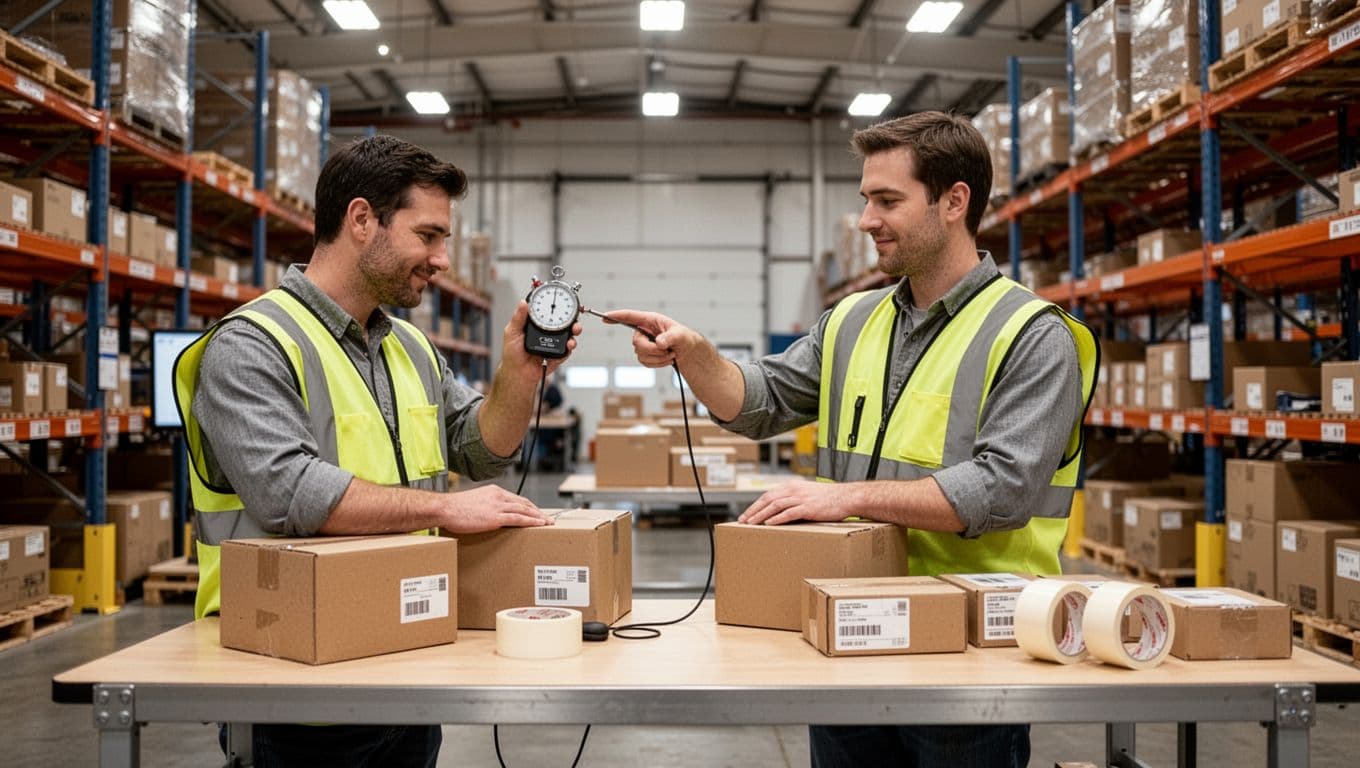 Photorealistic image of a single worker in a safety vest timing an order pack with a stopwatch at a simple organized warehouse packing station, with boxes and tape nearby, bright overhead lighting, and industrial shelves in the background.