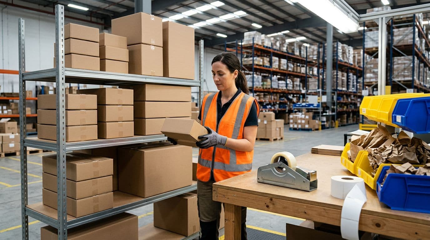 Photorealistic image of a warehouse packing station featuring stacks of 3 to 5 standardized plain cardboard boxes on shelves, paper inserts in bins, and one worker in a safety vest relaxedly selecting a small box, with tape dispenser and labels on the table under bright lighting.