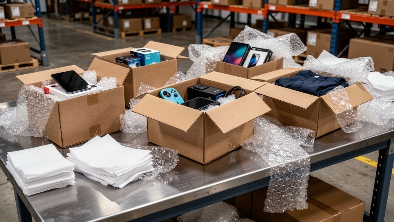 Photorealistic image of a warehouse packing table with various right-sized cardboard boxes partially filled with consumer products like electronics and apparel, surrounded by void fill paper and protective bubble wrap in a clean industrial workbench setting.