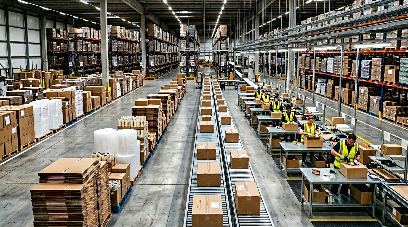 Photorealistic image of a warehouse during peak fulfillment season with organized surge capacity, neatly stacked pallets of packaging supplies, active packing stations each with one worker, conveyor belts moving boxes, efficient space use, and bright lighting.