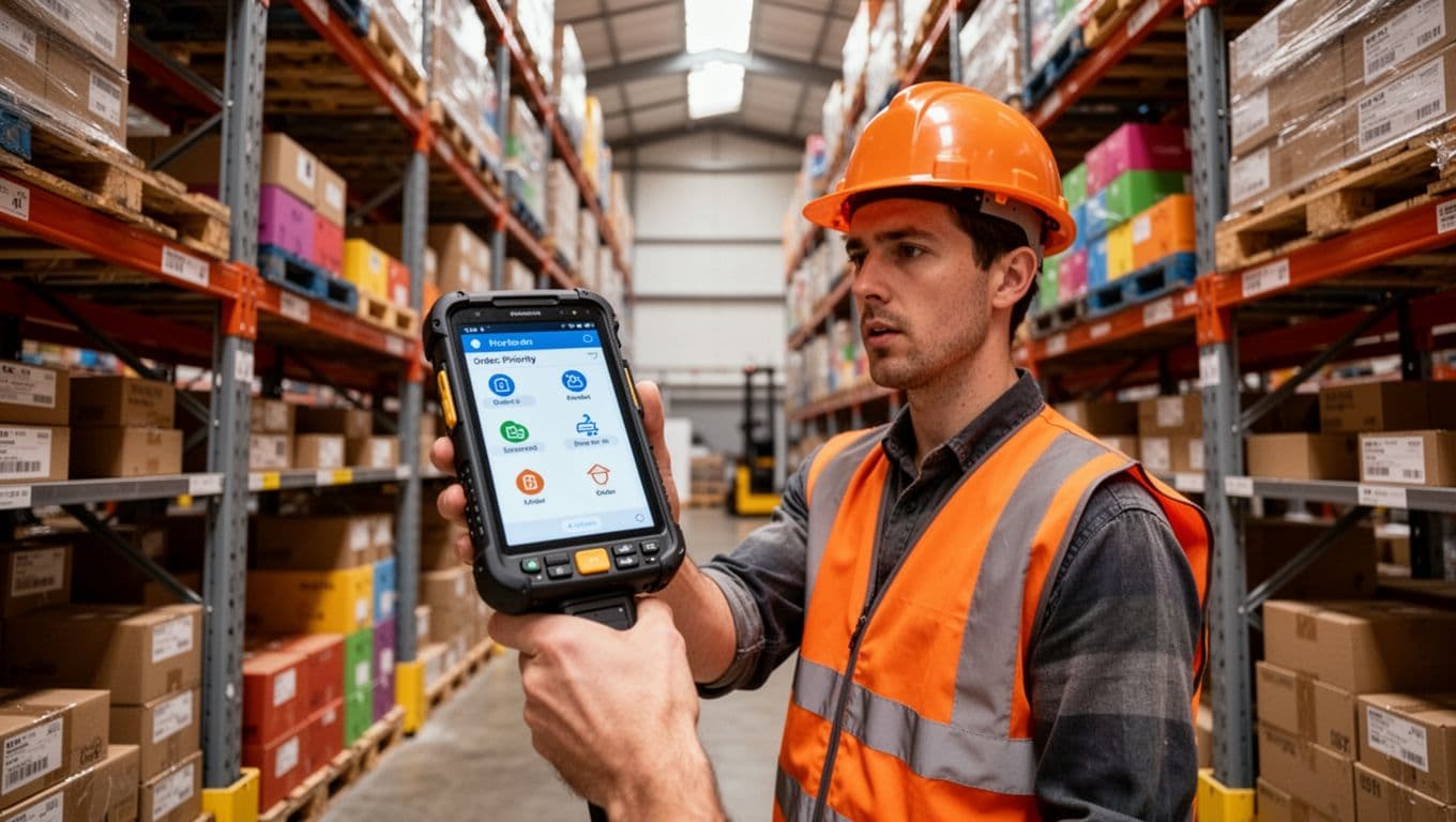 Exactly one warehouse picker wearing orange safety vest and helmet stands in a narrow aisle between tall metal pallet racks stacked with colorful cardboard boxes, holding a rugged handheld mobile scanner at eye level showing abstract real-time order priority icons, with a focused expression.