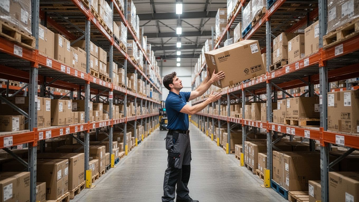 Warehouse picker quickly grabbing a single large kit box from a high shelf in an organized aisle, with empty aisles emphasizing efficiency and reduced travel in a modern warehouse interior.