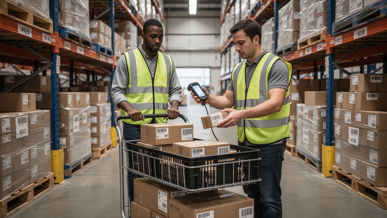 Photorealistic scene of one warehouse picker in a vest pushing a hand truck with scanned boxes, holding a scanner to confirm barcode on a small package before placing it in a tote, in an aisle with labeled shelves and pallets under soft light.
