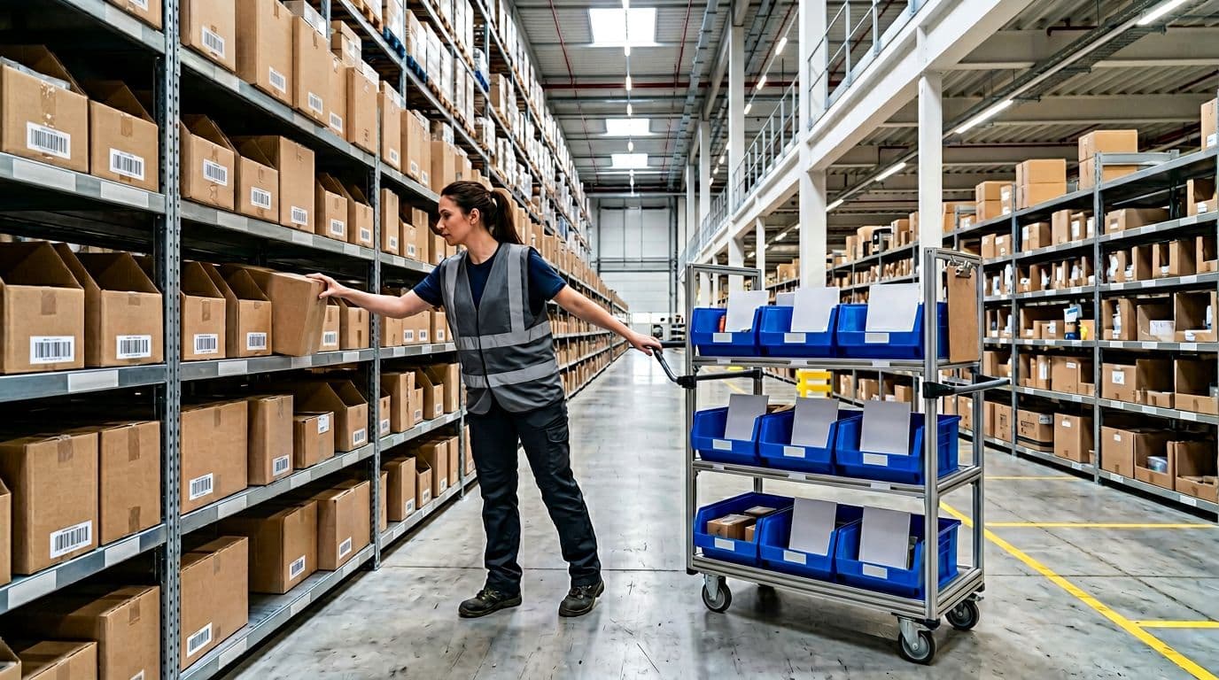 Photorealistic image of a single warehouse picker pushing a multi-tier cart with divided totes, reaching to pick a box from a detailed shelf in a modern warehouse aisle under bright lighting.