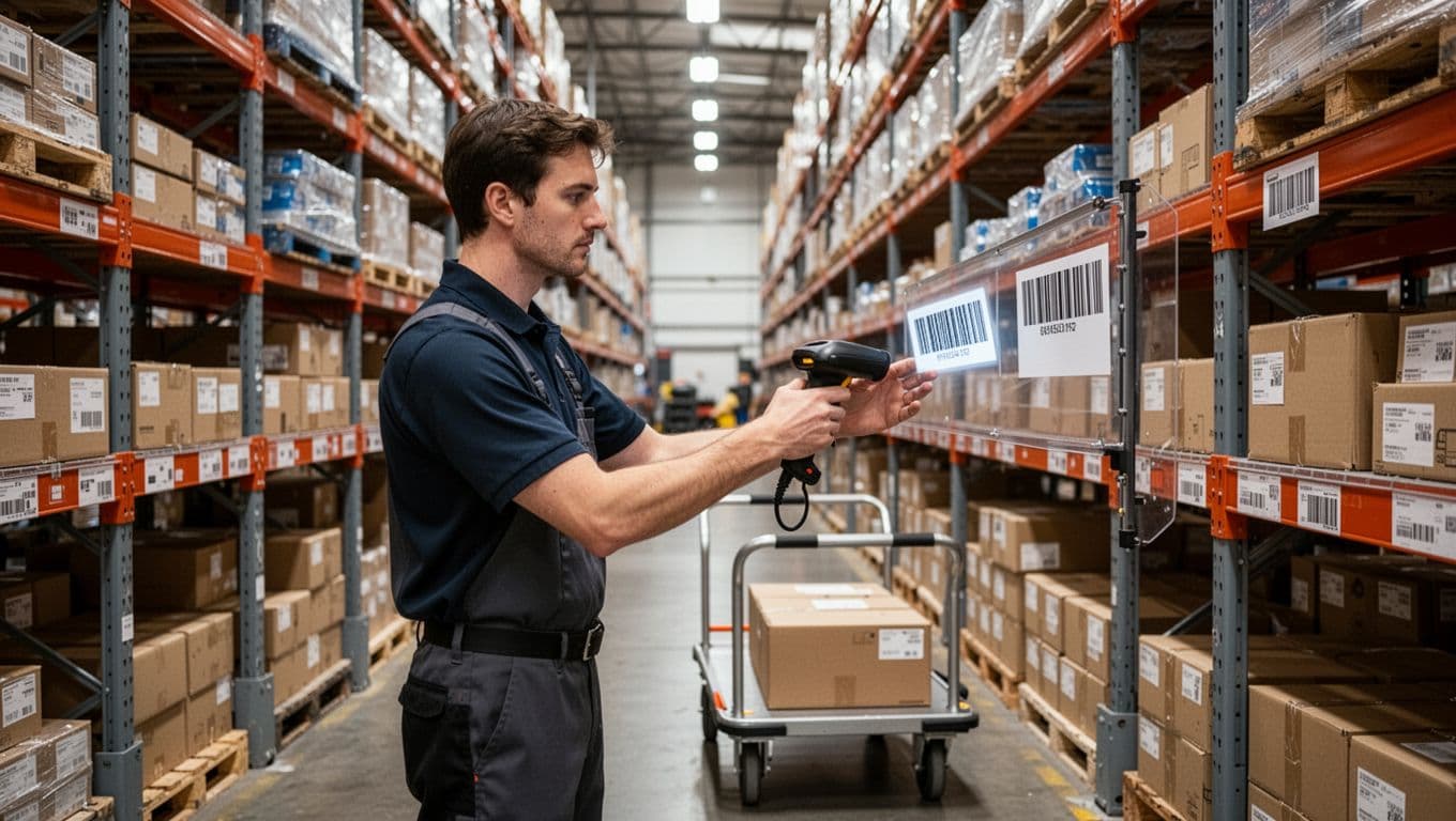 A lone warehouse picker scans barcodes on a storage bin label and item box using a handheld scanner in a long aisle lined with high shelves of products. Dynamic side-angle photorealistic shot with bright overhead lighting and a mobile cart nearby.