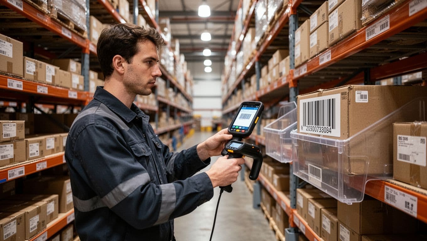 Exactly one warehouse picker scans a barcode on a product box from a shelf bin using a handheld mobile scanner in a tall warehouse aisle lined with shelves full of boxes. Dynamic side-angle landscape composition in photorealistic style with bright overhead lighting.