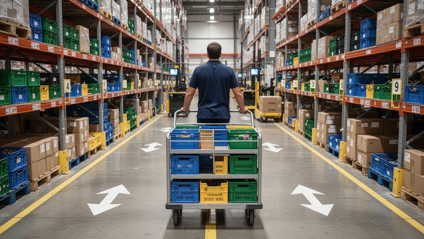 Warehouse picker viewed from behind pushes a cart loaded with multiple divided totes through a high-density shelving zone, following floor arrows for an optimized pick path in a modern, well-lit facility.