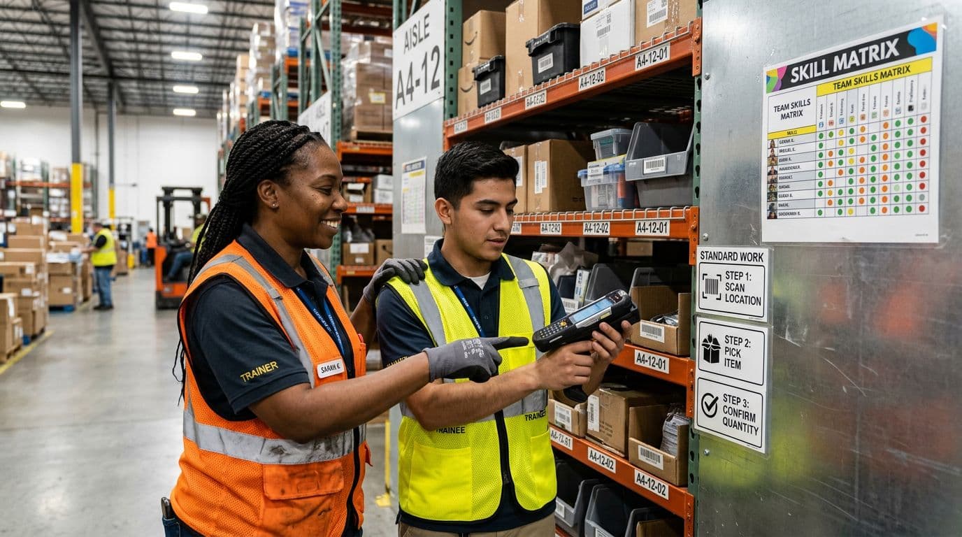 Photorealistic image of an experienced warehouse picker training a new hire on scanner use at the pick face using the buddy system, with skill matrix poster nearby and clear standard work labels.
