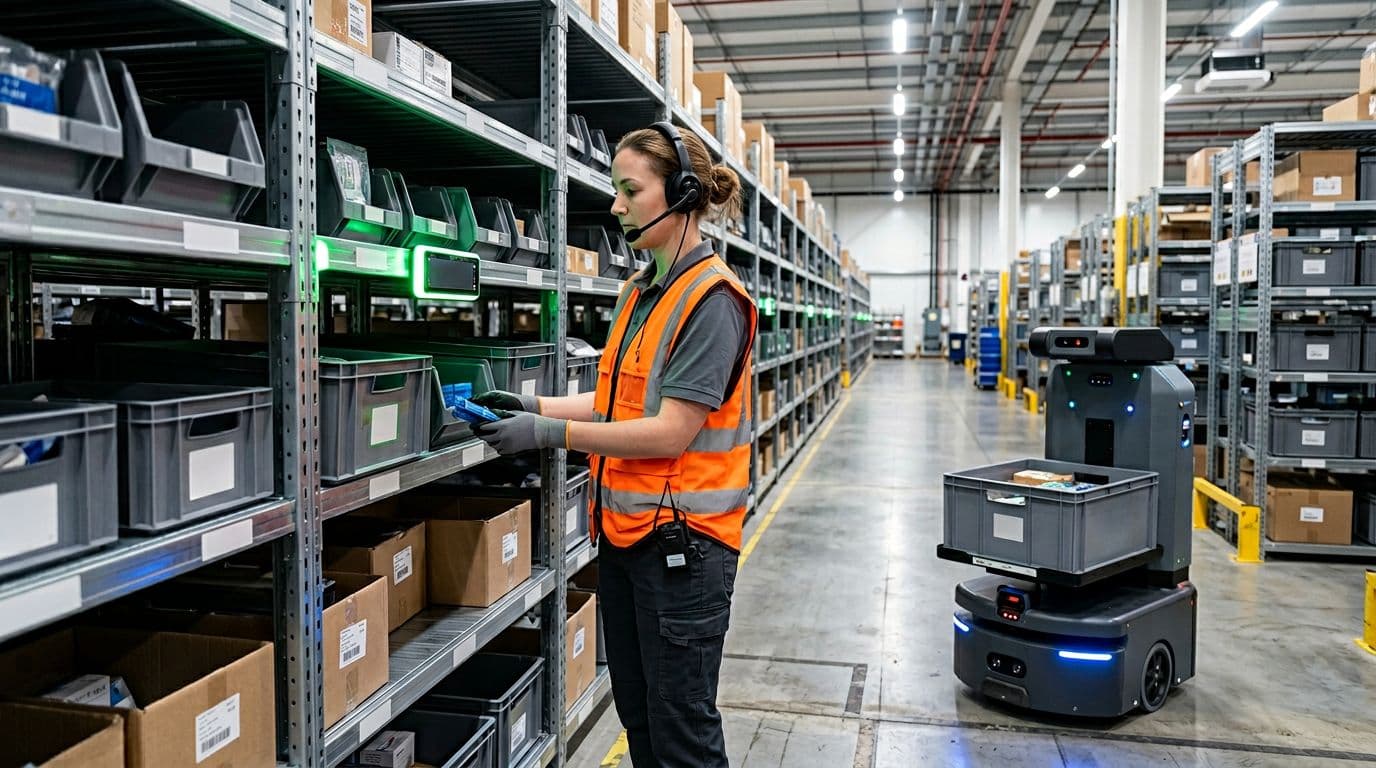 Photorealistic image of a single warehouse picker wearing a voice picking headset, interacting with a pick-to-light system on shelves with illuminated bins, an AMR robot holding a tote nearby, in a bright modern warehouse.