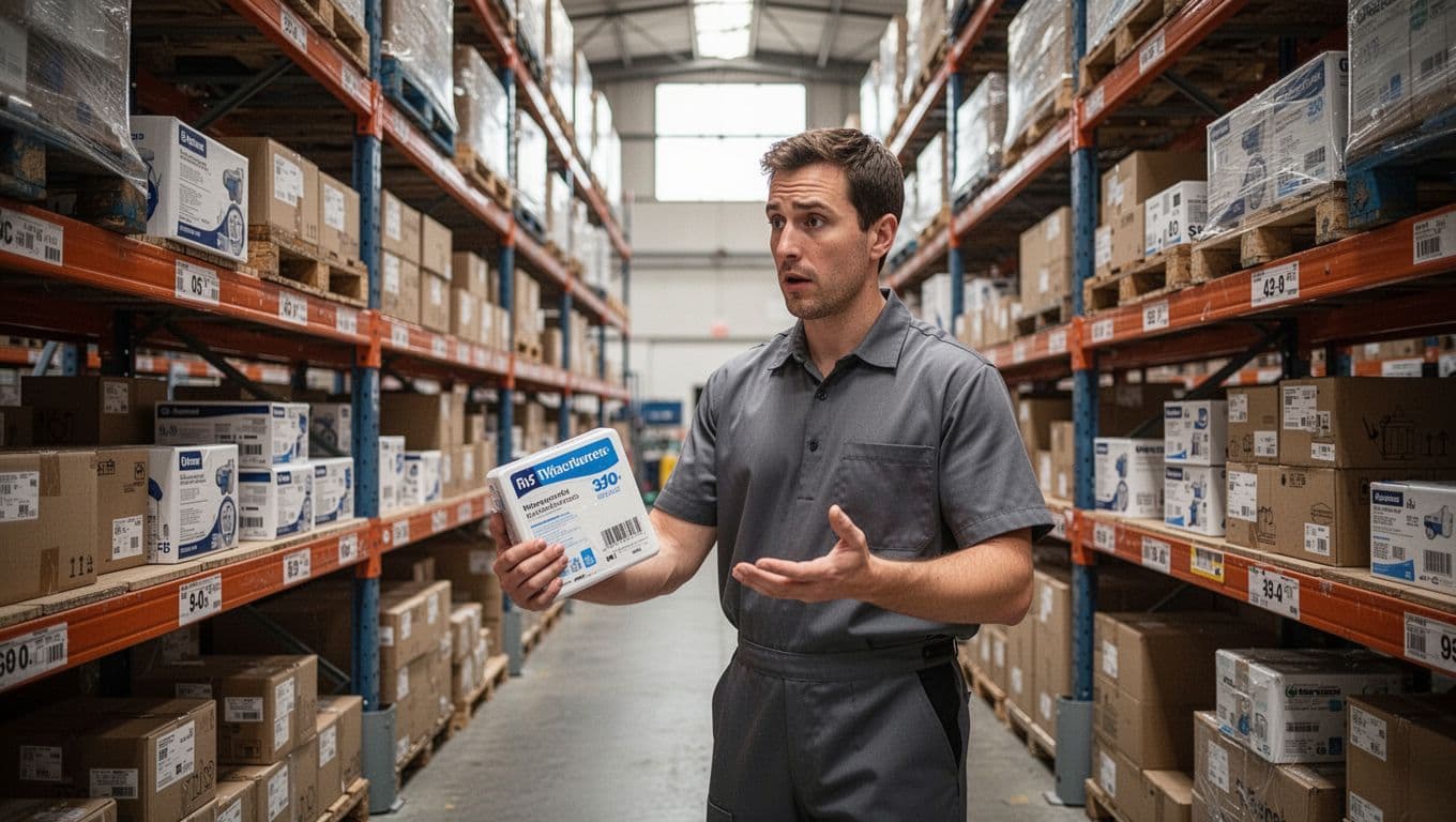 A warehouse picker in an aisle holds a mismatched product next to the correct one on the shelf, capturing the error moment in a photorealistic interior with natural lighting from high windows.