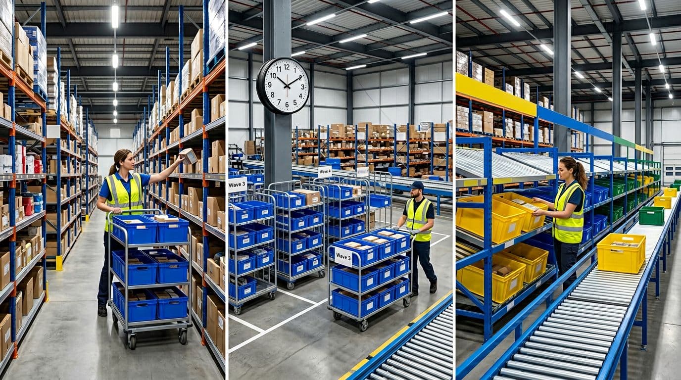 Photorealistic tri-panel landscape image comparing batch picking (left), wave picking (center), and zone picking (right) in a modern warehouse with one picker per panel.