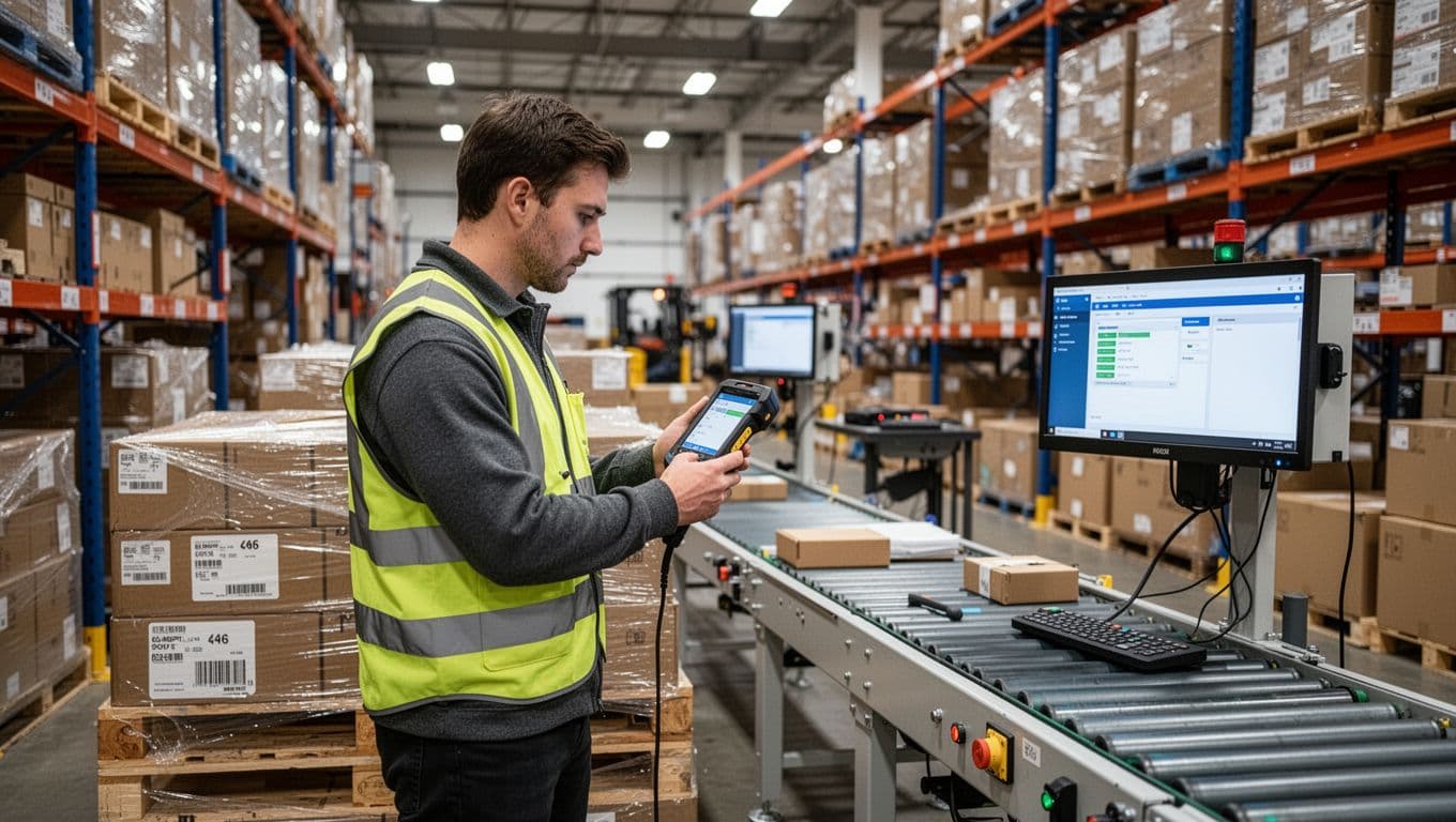A focused warehouse team member scans a sample receipt pallet with a handheld device during pre go-live testing, checking pick pack trial on nearby conveyor in a busy warehouse under natural industrial lighting.