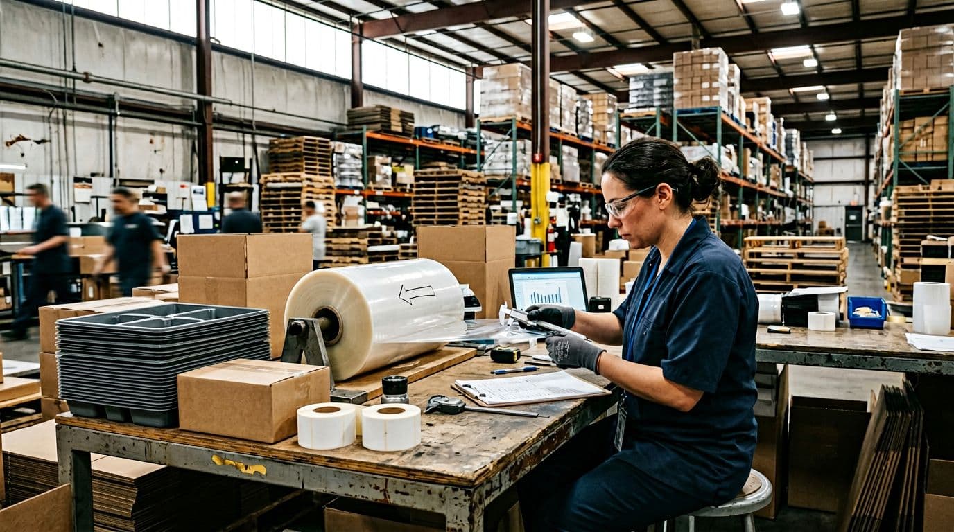 Photorealistic view inside a busy industrial warehouse of one quality control operator at an incoming materials inspection station, examining film rolls, plastic trays, cartons, labels, and adhesives using calipers on a large workbench.