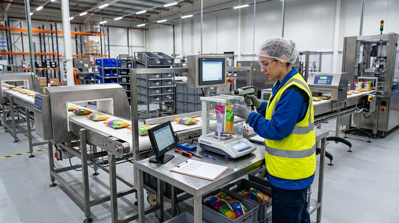 Photorealistic image of a quality control station in a modern FMCG co-packer warehouse, with exactly one worker in safety gear inspecting fill weights and seals on snack pouches using digital scales and check tools next to a production line conveyor.