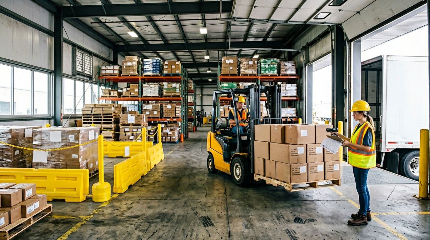 Photorealistic landscape of a warehouse receiving dock during inbound inspection, featuring a forklift unloading pallets from a truck, two workers in hi-vis vests scanning barcodes and inspecting COA documents, and a quarantine area with yellow barriers, lit by natural daylight.