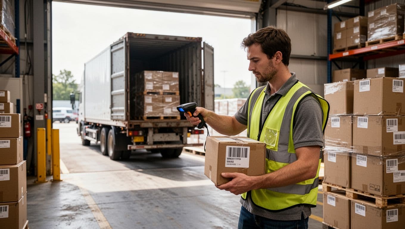 Photorealistic warehouse receiving dock with one worker scanning barcode on incoming box using handheld scanner held relaxed in two hands, truck unloading pallets in background, stacked boxes nearby, natural daylight through open doors, no other people, no text, no logos.