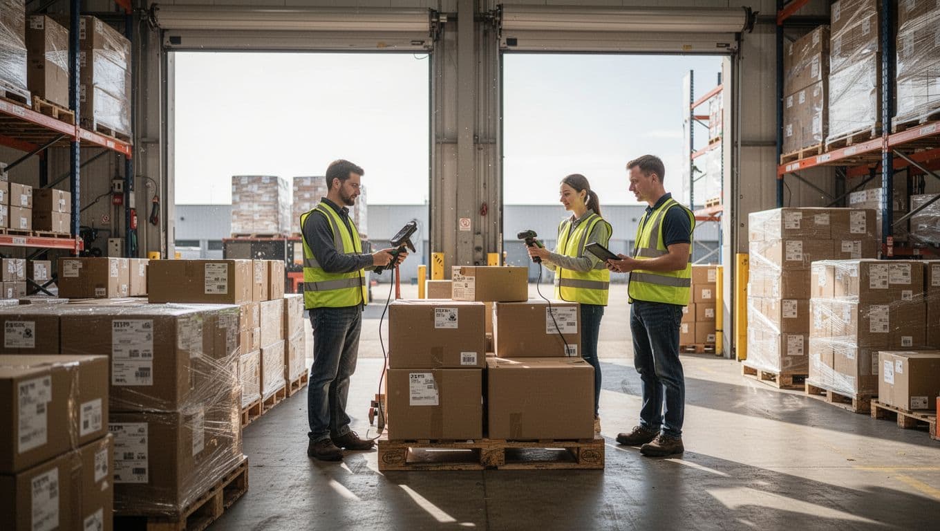 Two workers with relaxed postures carefully inspect and scan incoming boxes on pallets at a warehouse receiving dock, daylight streaming through open doors.