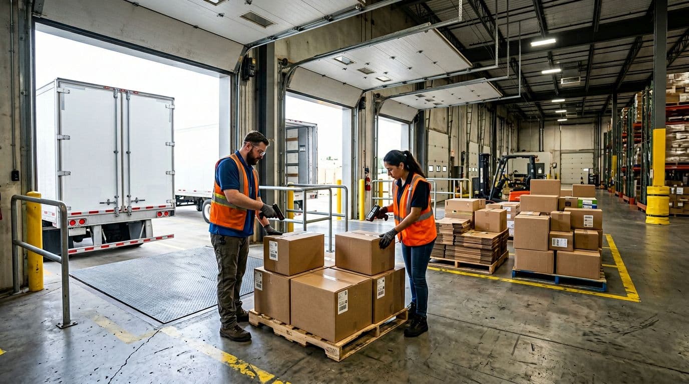 Photorealistic image of exactly two workers at a modern warehouse receiving dock scanning barcodes on incoming cardboard boxes unloaded from a semi-truck trailer using handheld scanners, with pallets stacked nearby and large open bay doors allowing daylight.