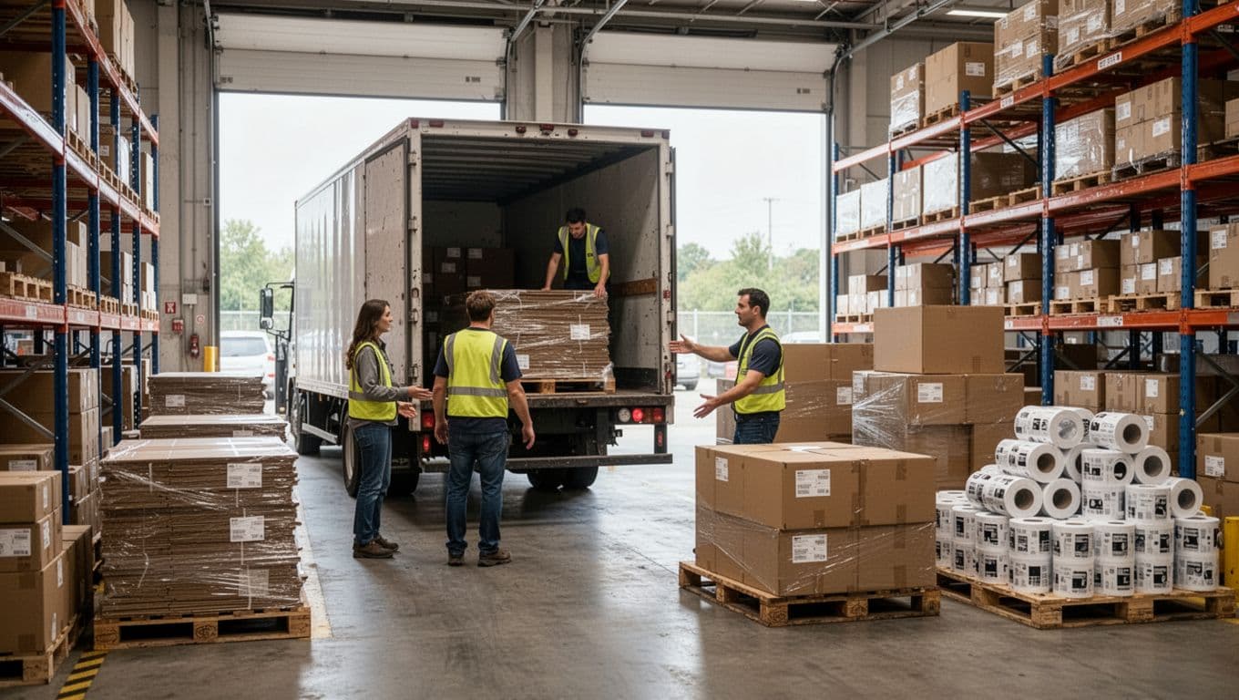 Photorealistic side view of a warehouse receiving area with two workers unloading flat-packed shipping materials from a truck, including pallets of collapsed boxes, rolls of labels, and organized storage racks under daylight from large doors.