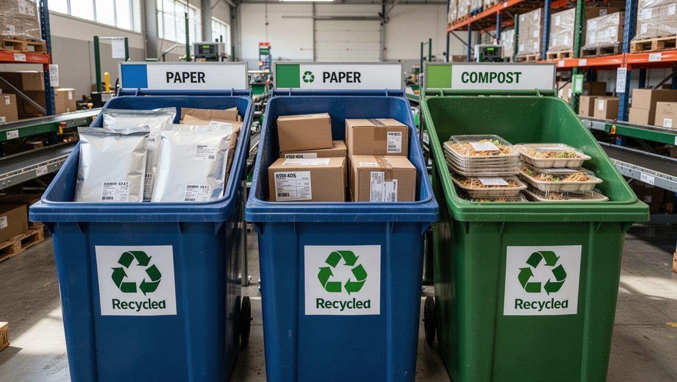 Photorealistic warehouse sorting station with three clearly labeled bins: one for recyclable paper mailers and cardboard boxes, one for compostable food wraps and trays, and one empty, under bright natural lighting with clean composition and no people.