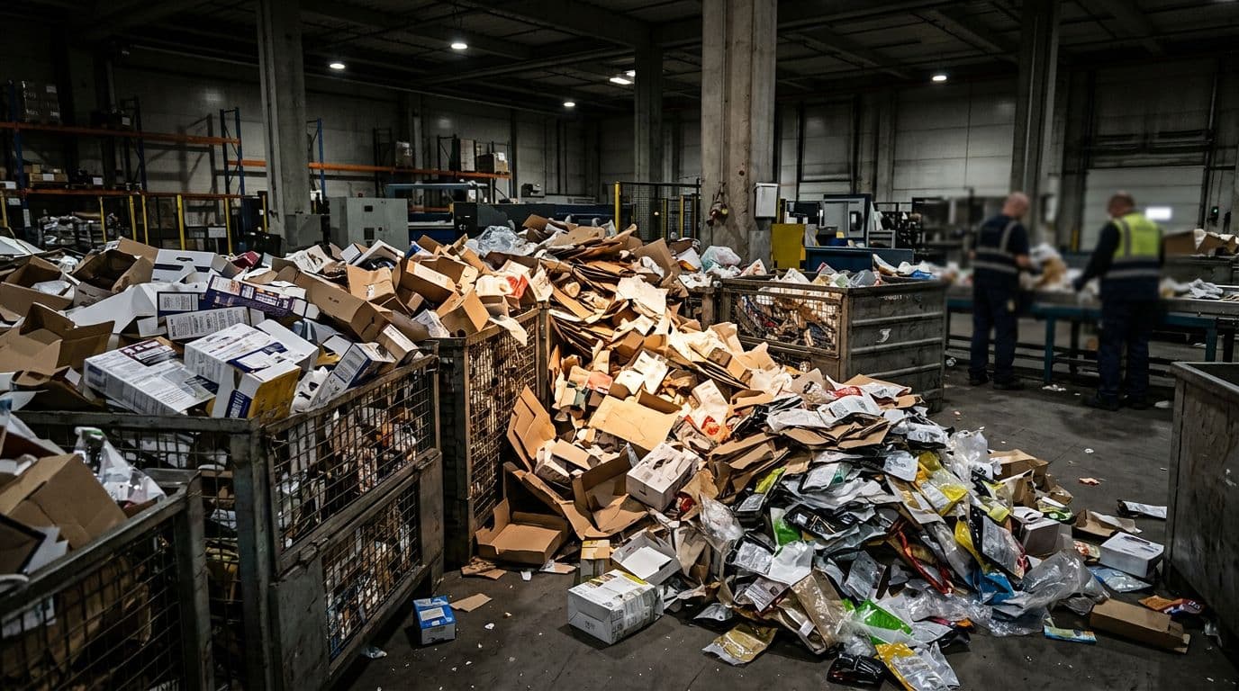 A large warehouse scrap area piled high with rejected high-volume packaging waste, including overflowing bins of bad seal pouches, crushed cartons, and misprinted boxes, with blurred workers sorting in the background under dim industrial lighting.