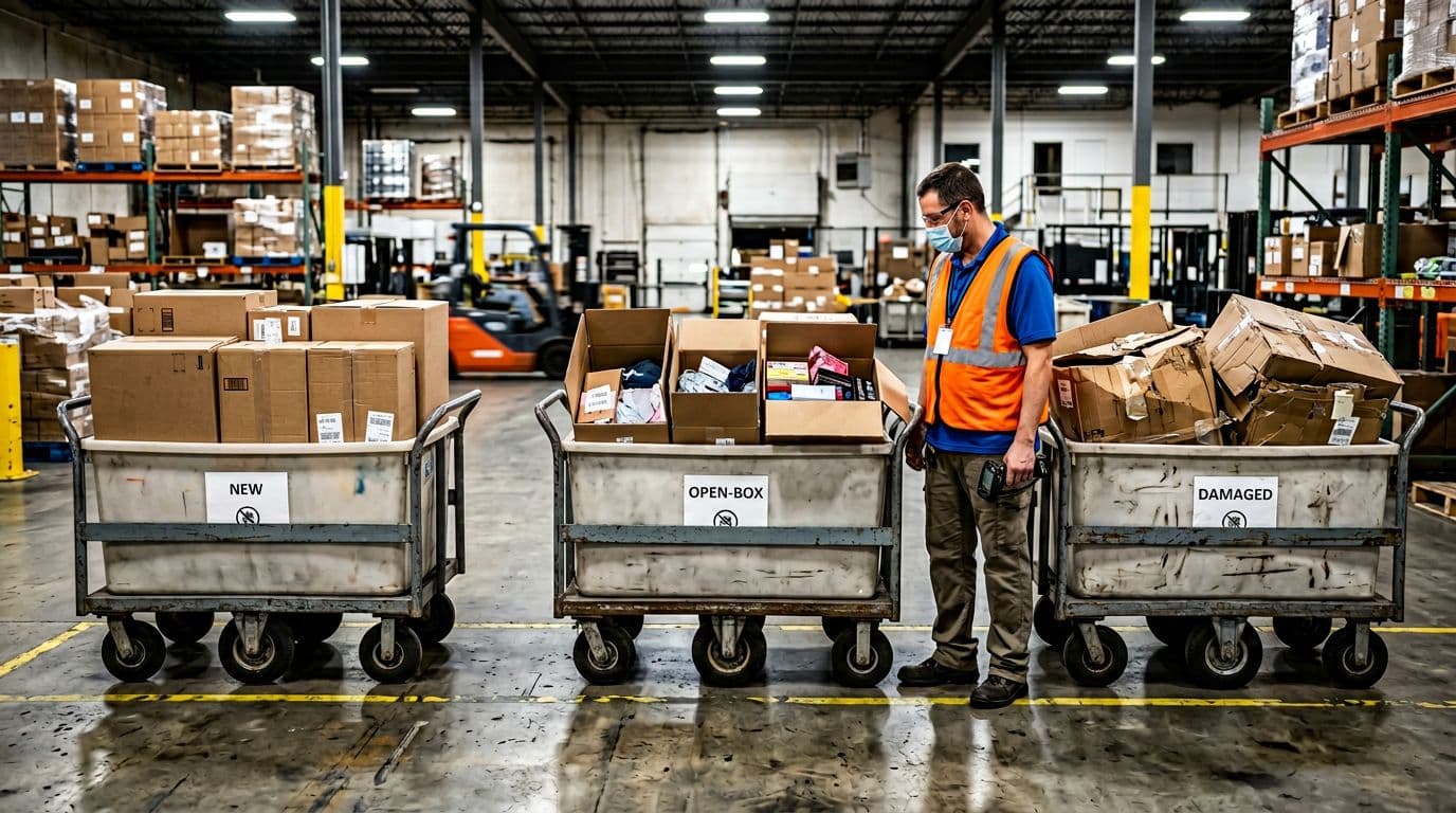 Photorealistic image of a warehouse receiving area for returns featuring cardboard boxes on metal carts sorted into labeled bins for new, open-box, and damaged items, with one worker in a vest holding a scanner in a relaxed pose under bright overhead lights.