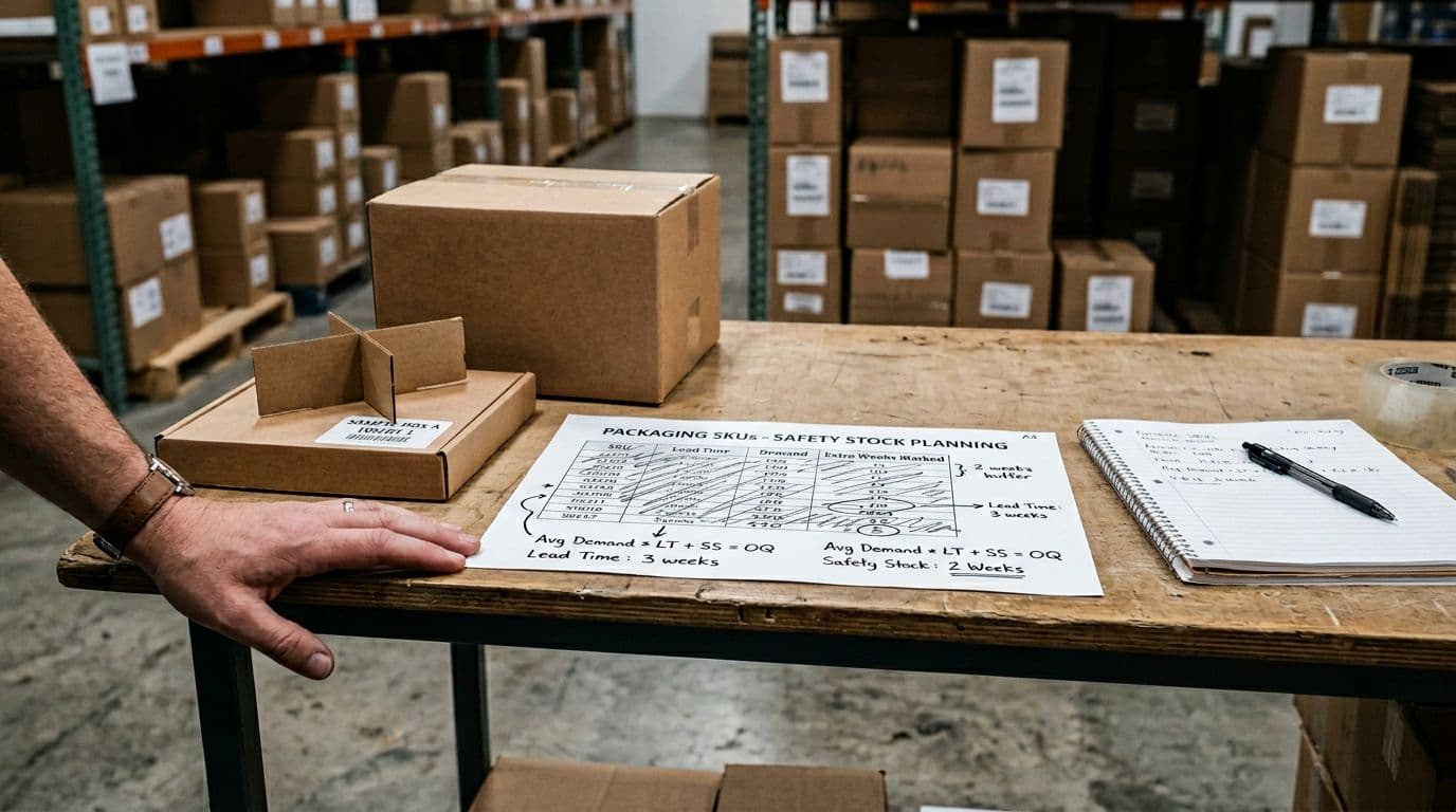 Photorealistic image of a simple warehouse desk setup showing a printed safety stock planning sheet with basic calculations for packaging SKUs like box sizes, lead times, and extra weeks marked, next to samples of two common cardboard boxes and inserts. Exactly one hand rests relaxed on the desk edge, with notepad and pen nearby, under soft overhead lighting and organized background shelves with stacked boxes.