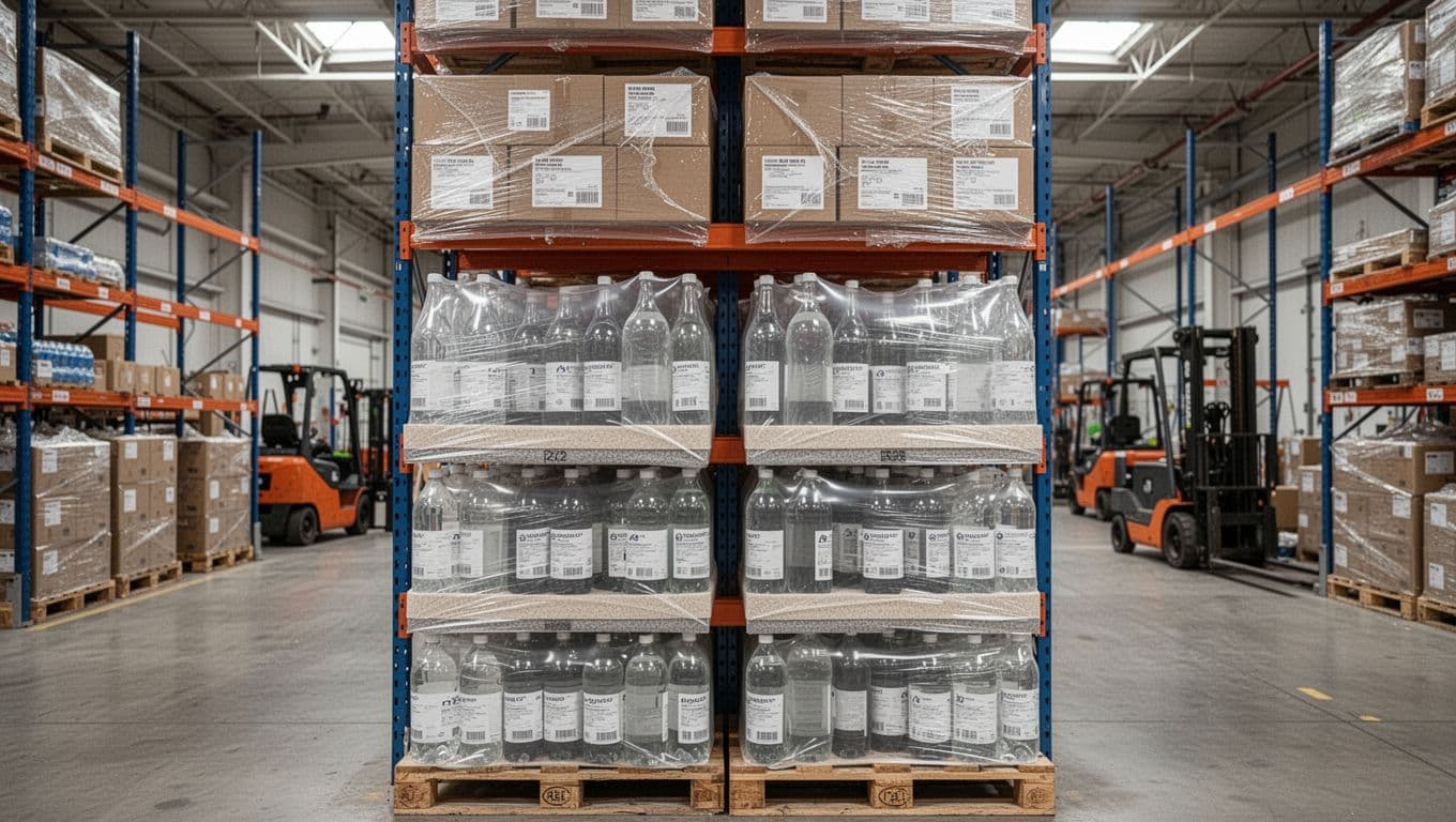 Photorealistic image of stacked sealed boxes and bottles on warehouse shelves protecting contents from moisture and damage, with pallets and forklifts in the background under natural overhead lighting.
