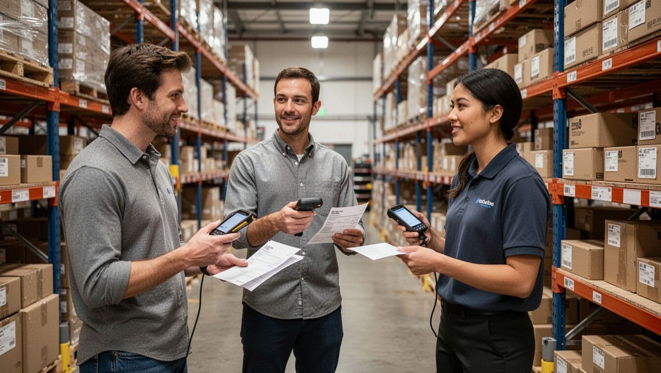 In a brightly lit warehouse training area, exactly three people—one trainer and two staff—practice hands-on with sample SKUs, receipts, and test orders using mobile scanners tailored to a specific client workflow, with shelves of sample boxes nearby.